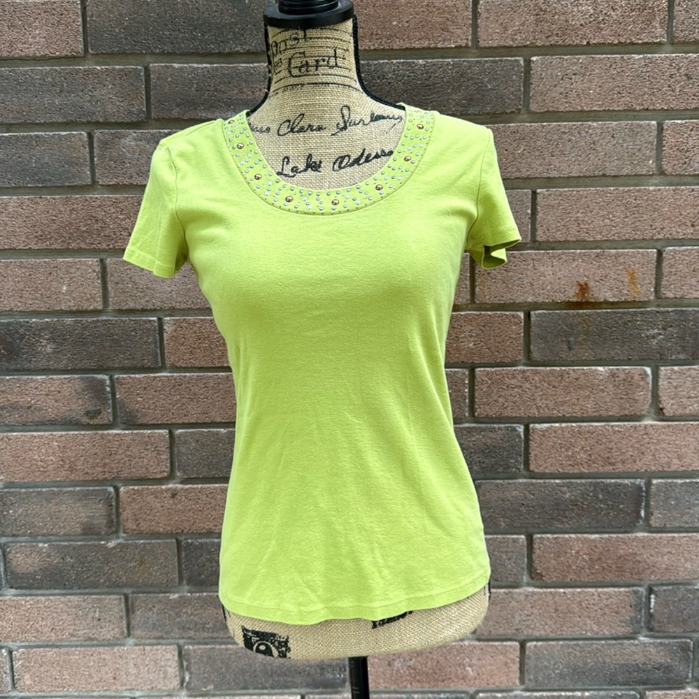 Style & Co Lime Green Women's Short-Sleeve Top with Beaded Neckline Size SP